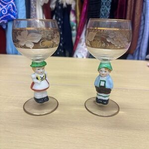Vintage Goebel Hummel Boy and Girl Cordial Glass with Grape Etched Bowl